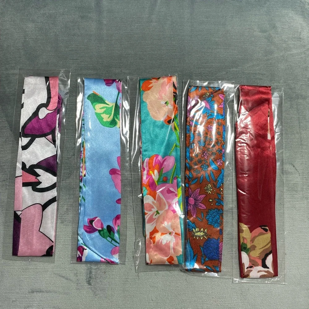Set of 5 NIP satin floral themed handbag scarves approx. 33.5”x1.6“